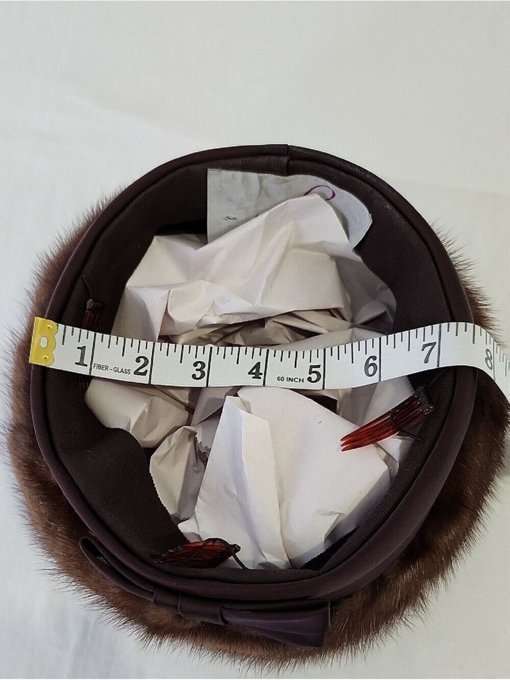 Vintage designed by Lora Brown Mink Fur Pillbox Hat Beret 24" Around Hat Band - Picture 6 of 9